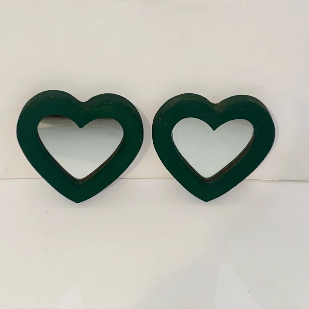 Vintage Hunter Green Painted Wooden Heart Shaped Accent Mirrors Set of 2